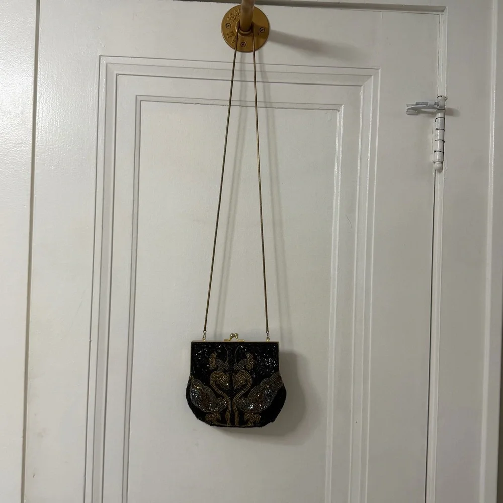 Lauren Alexandra Beaded Black and Gold Evening Bag kiss lock vintage swans - Picture 2 of 8
